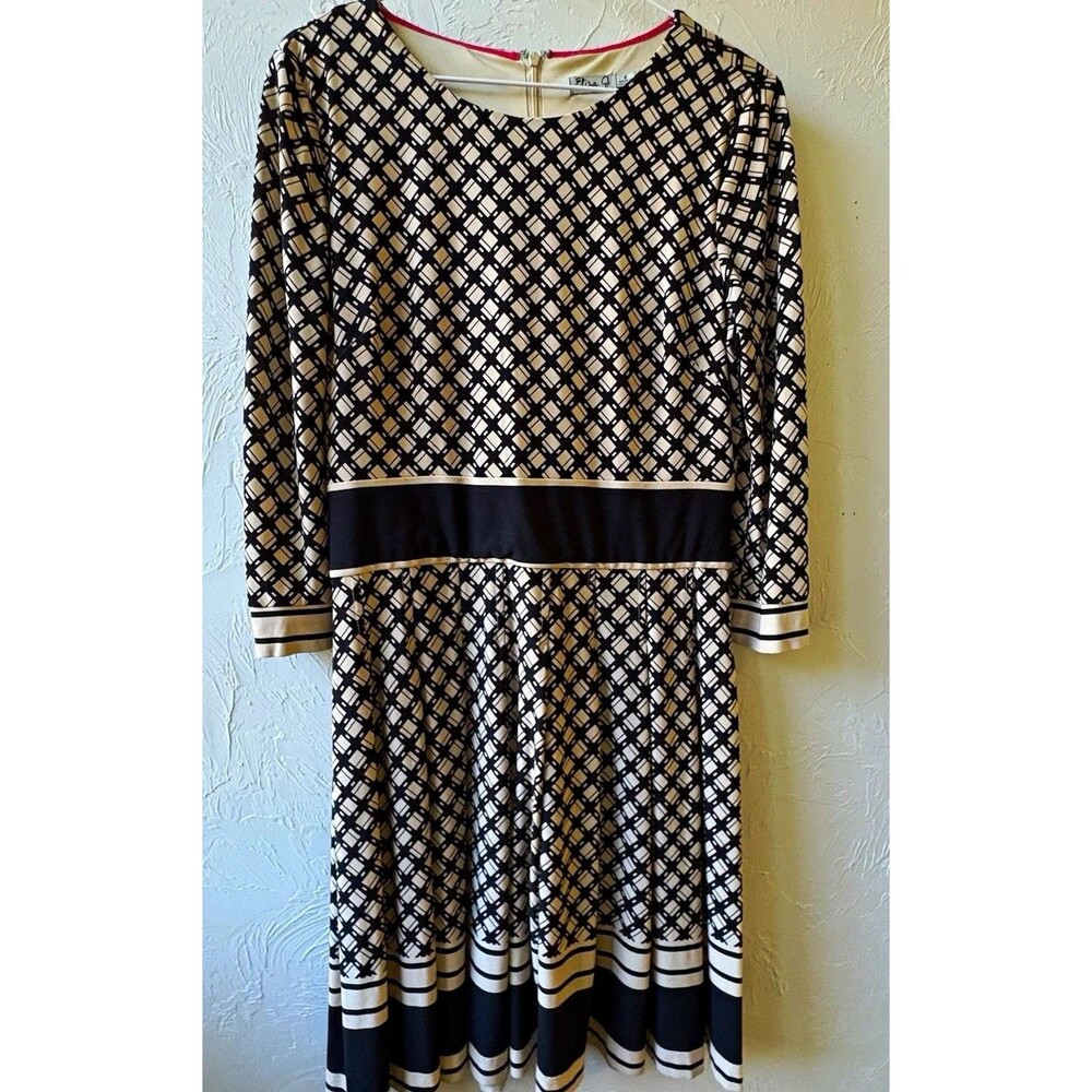 Eliza J Black Ivory Geometric Knit Fit & Flare Dress Lined Pleated Zip 6